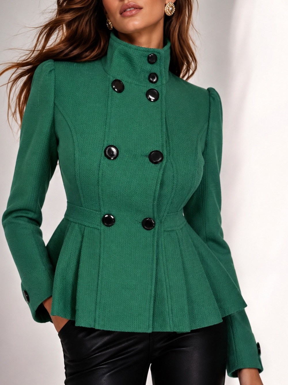 Tulle Emerald Green Military Peplum Jacket Double Breasted Wool Blend(1365)